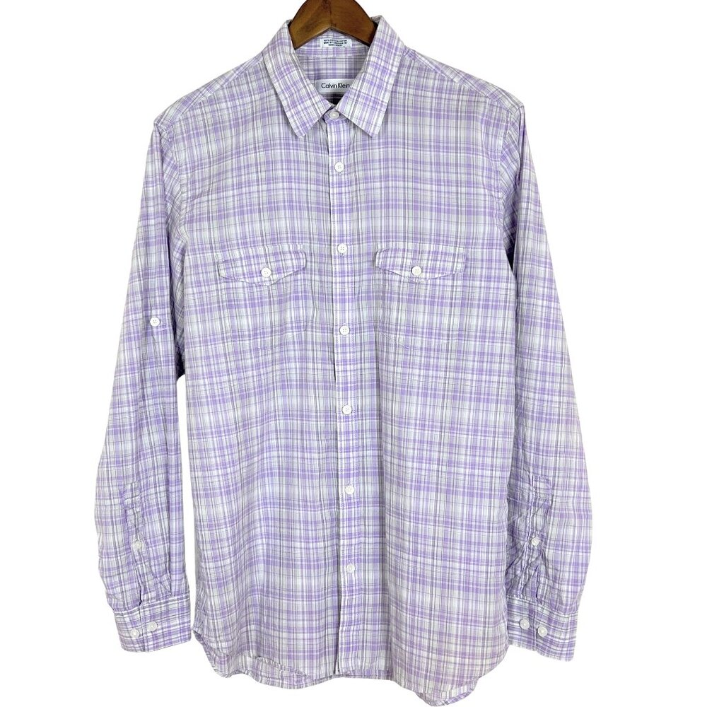Calvin Klein Oxford Style Checked Woman's Cotton Button Down Shirt Size Medium - Picture 6 of 7